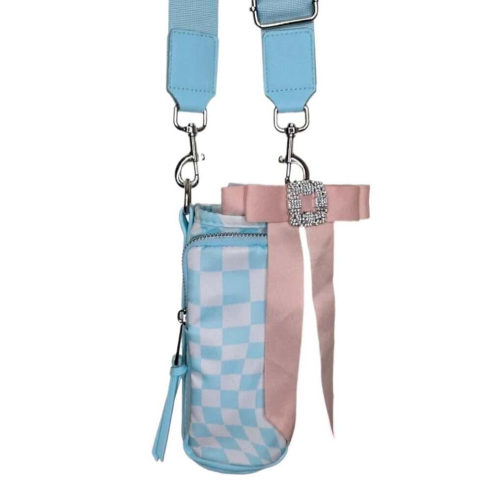 Boohoo Blue Checkered Water Bottle Crossbody Bag with Custom Pink Bow